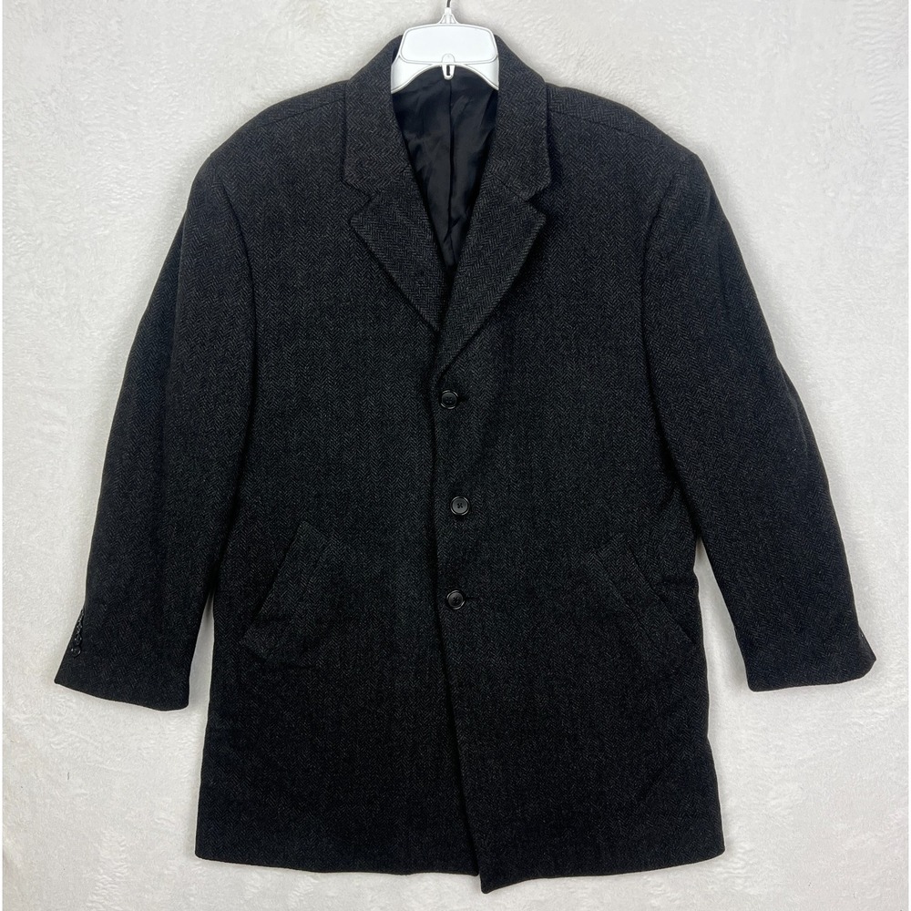 Jos A Bank Wool Overcoat Mens 44S Short Dark Gray Peacoat Trench Herringbone